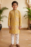 Boys Mustard Yellow Printed Kurta Set with White Pajama