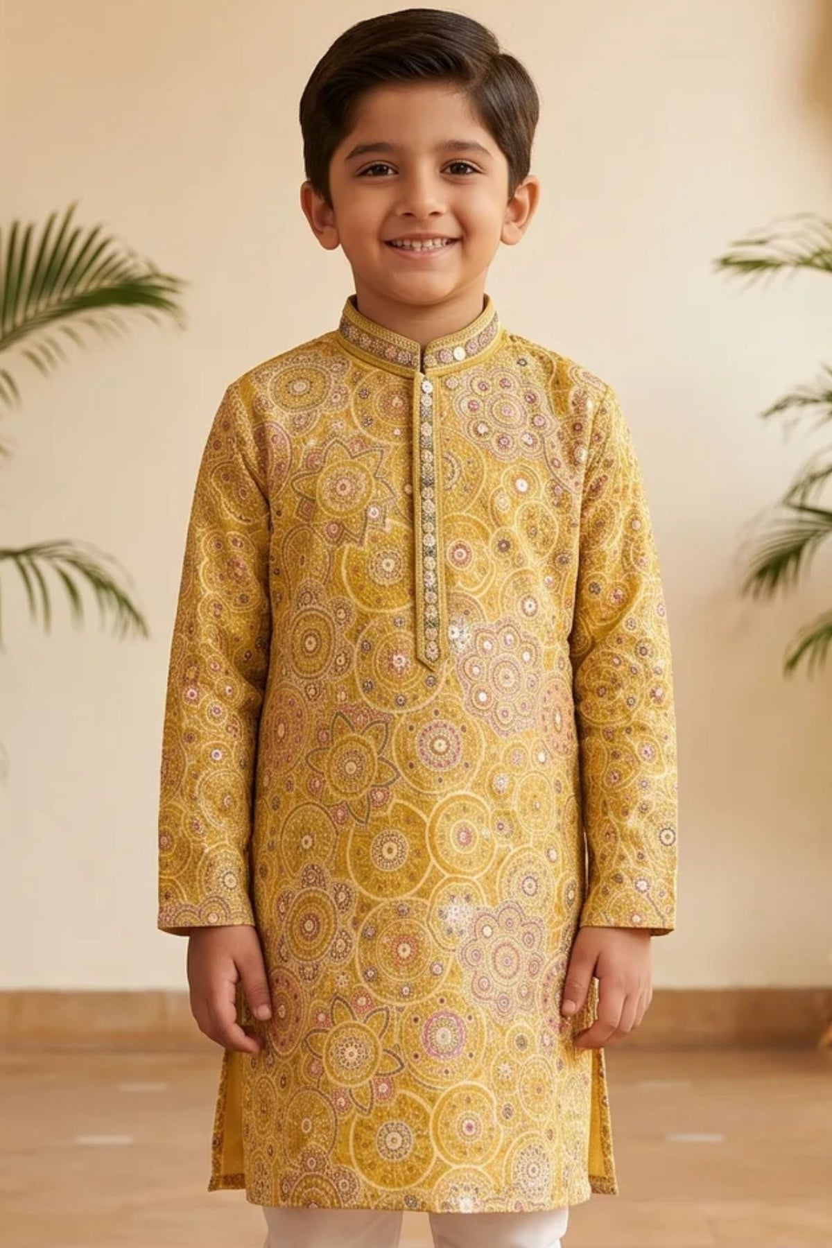 Boys Mustard Yellow Printed Kurta Set with White Pajama