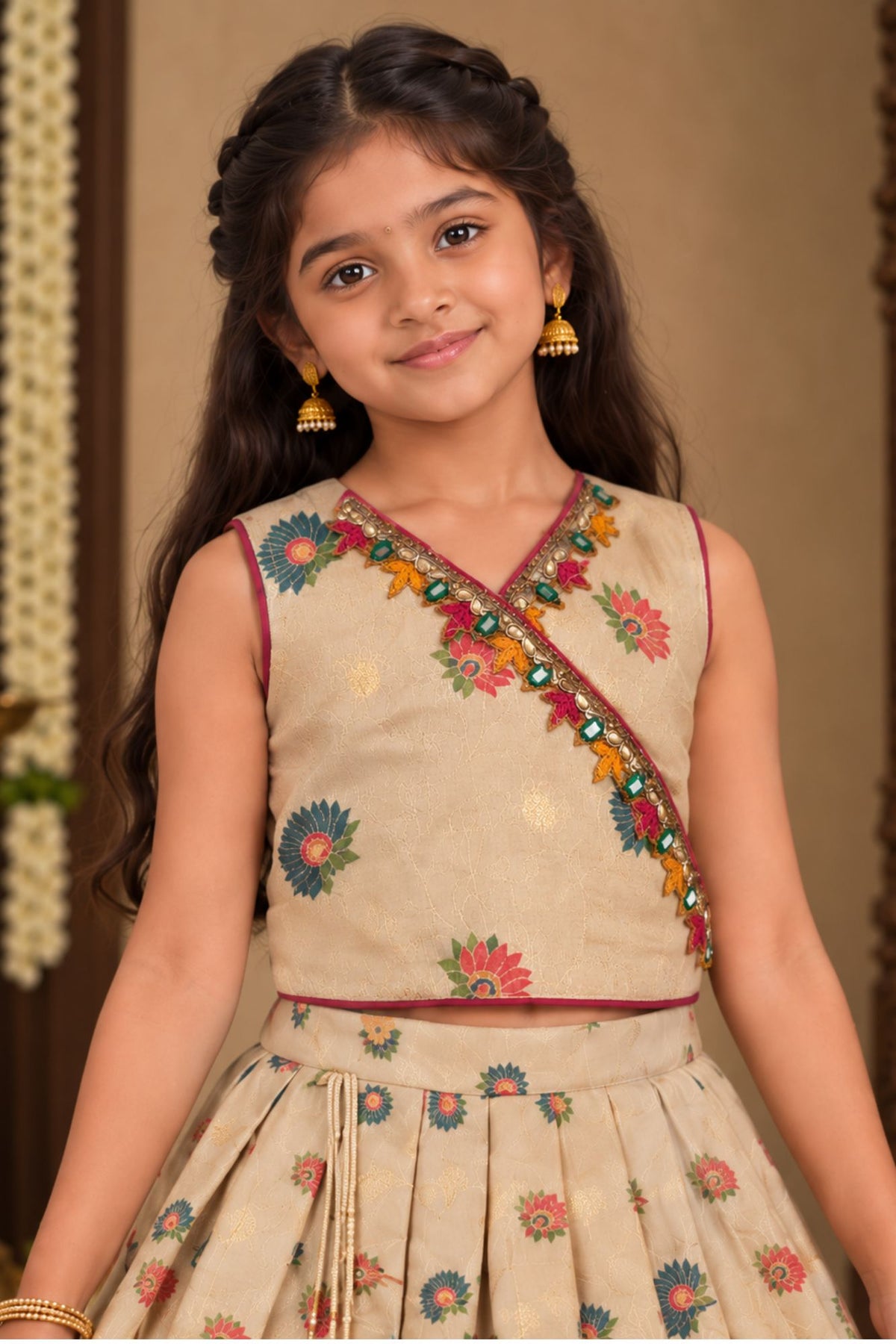 Cream And Gold nature-inspired Printed Pattu Pavadai Set for Girls