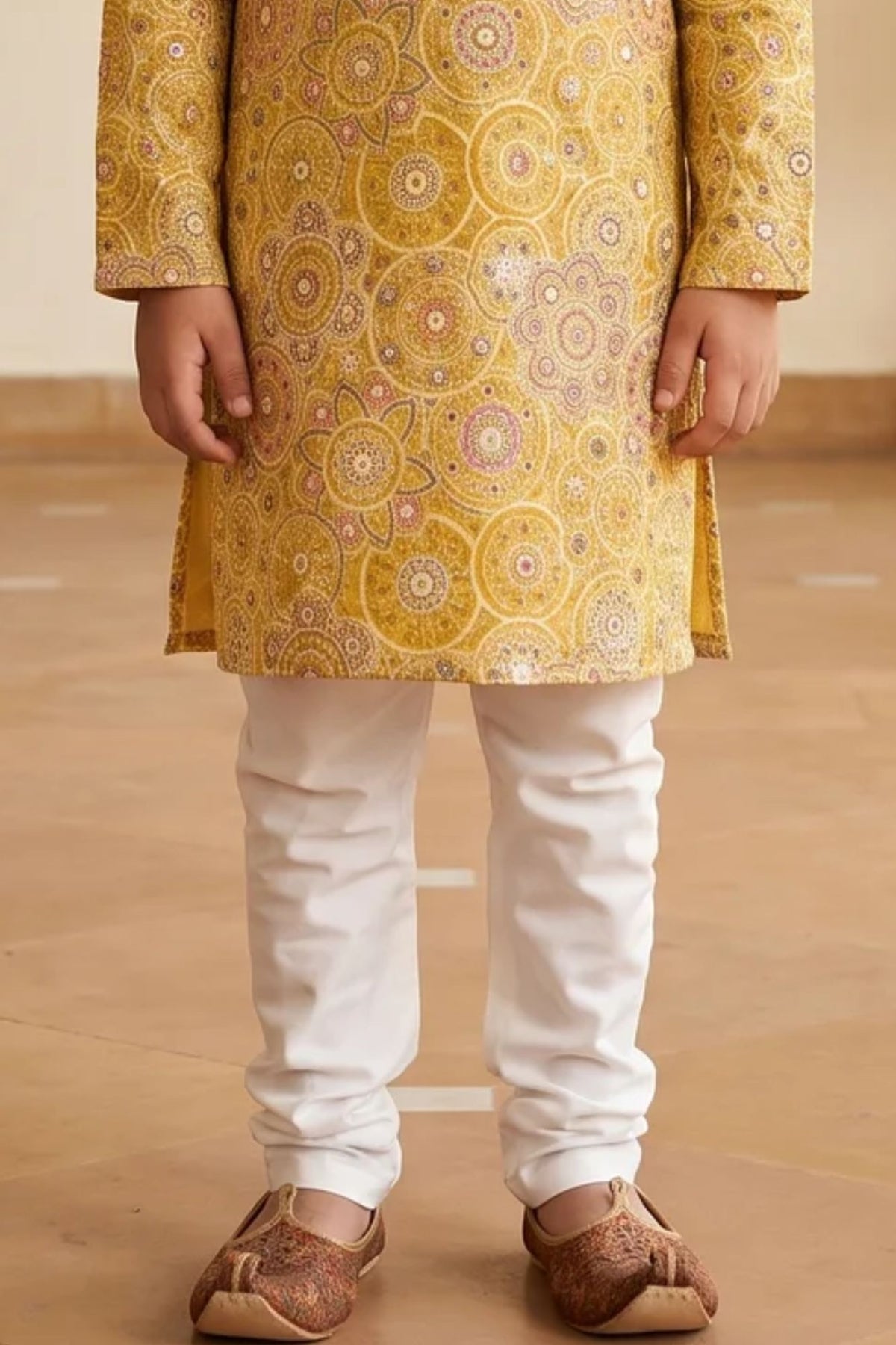 Boys Mustard Yellow Printed Kurta Set with White Pajama