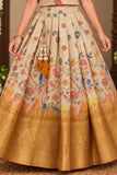 Cream And Gold nature-inspired Printed Pattu Pavadai Set for Girls