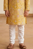 Boys Mustard Yellow Printed Kurta Set with White Pajama