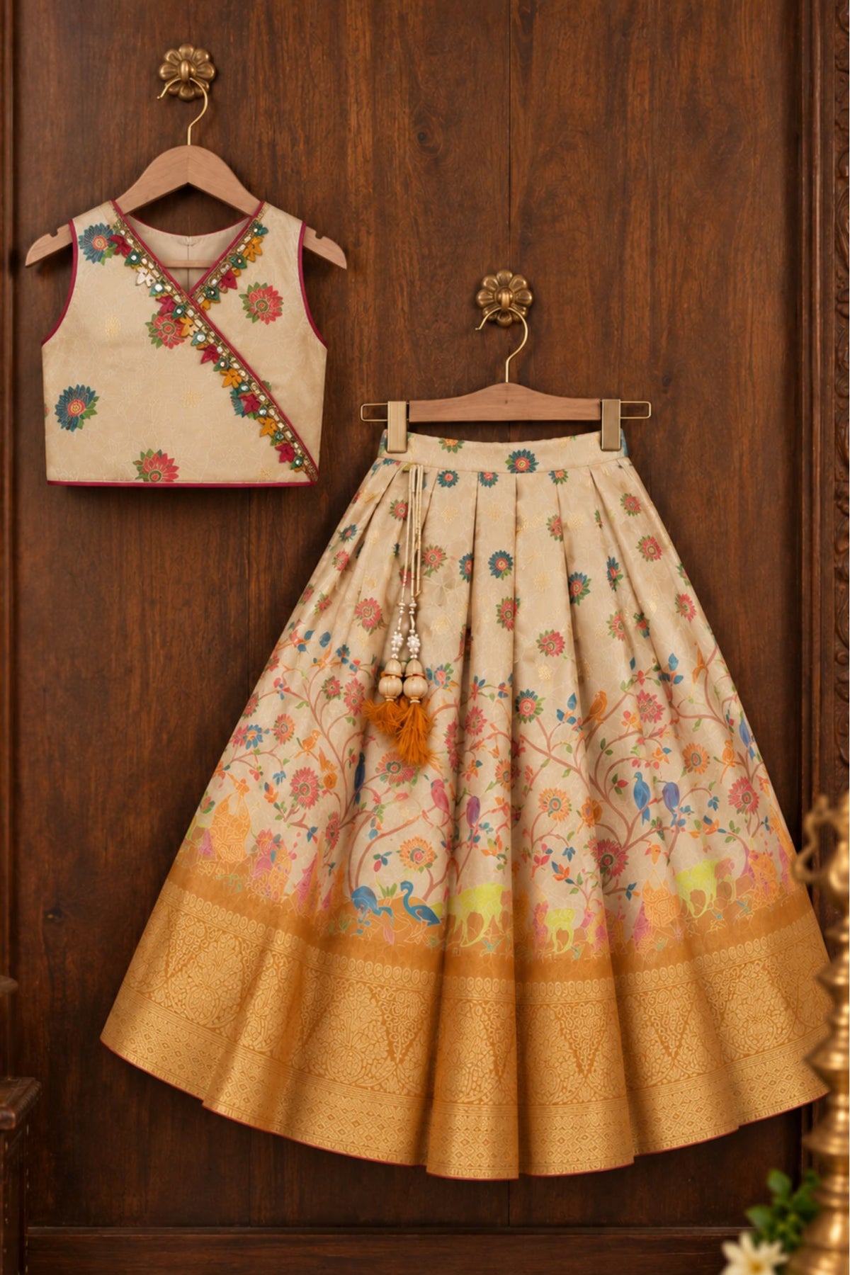 Cream And Gold nature-inspired Printed Pattu Pavadai Set for Girls