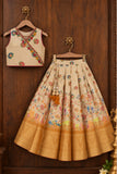 Cream And Gold nature-inspired Printed Pattu Pavadai Set for Girls