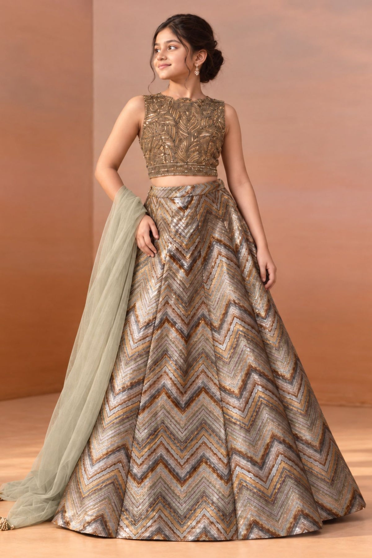 Girls Gold And Silver Sequin Embroidered Lehenga Choli Set
