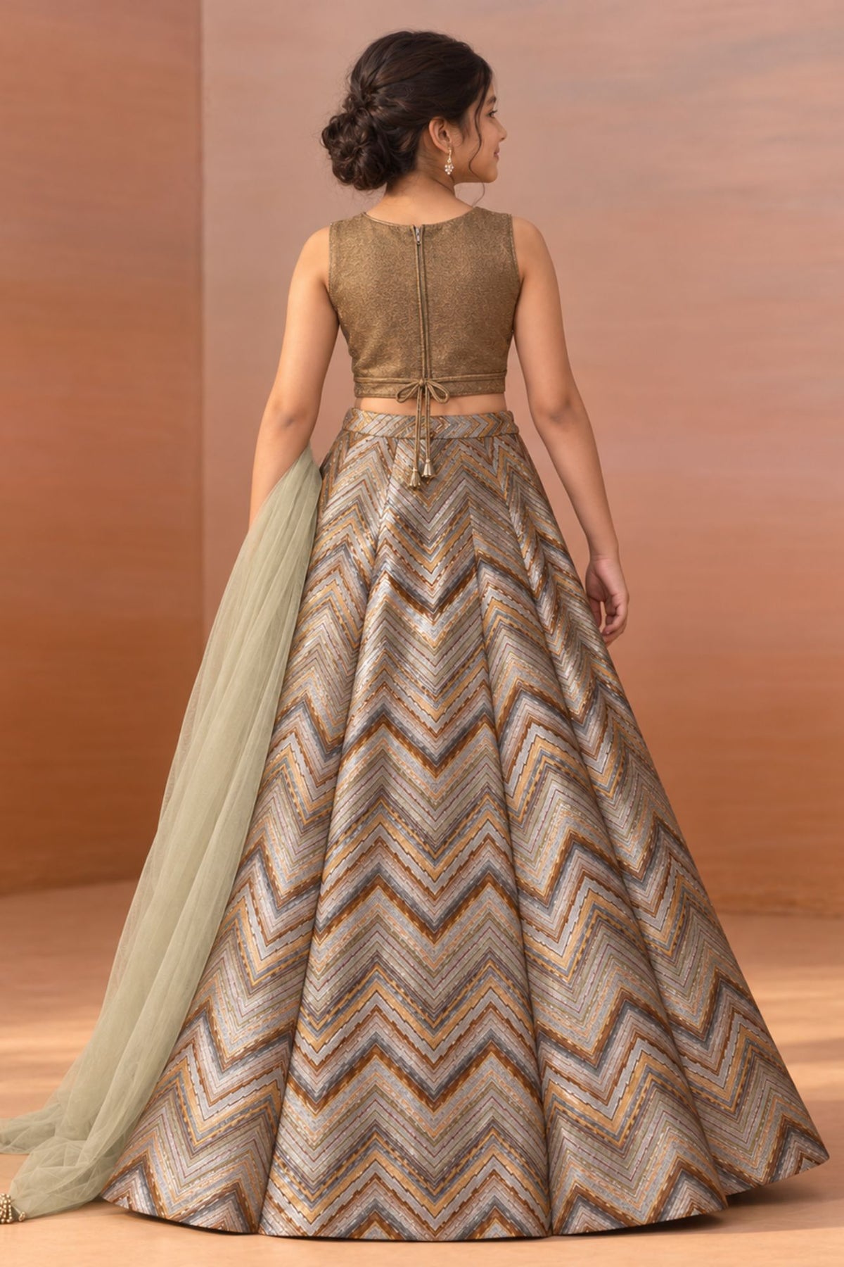 Girls Gold And Silver Sequin Embroidered Lehenga Choli Set