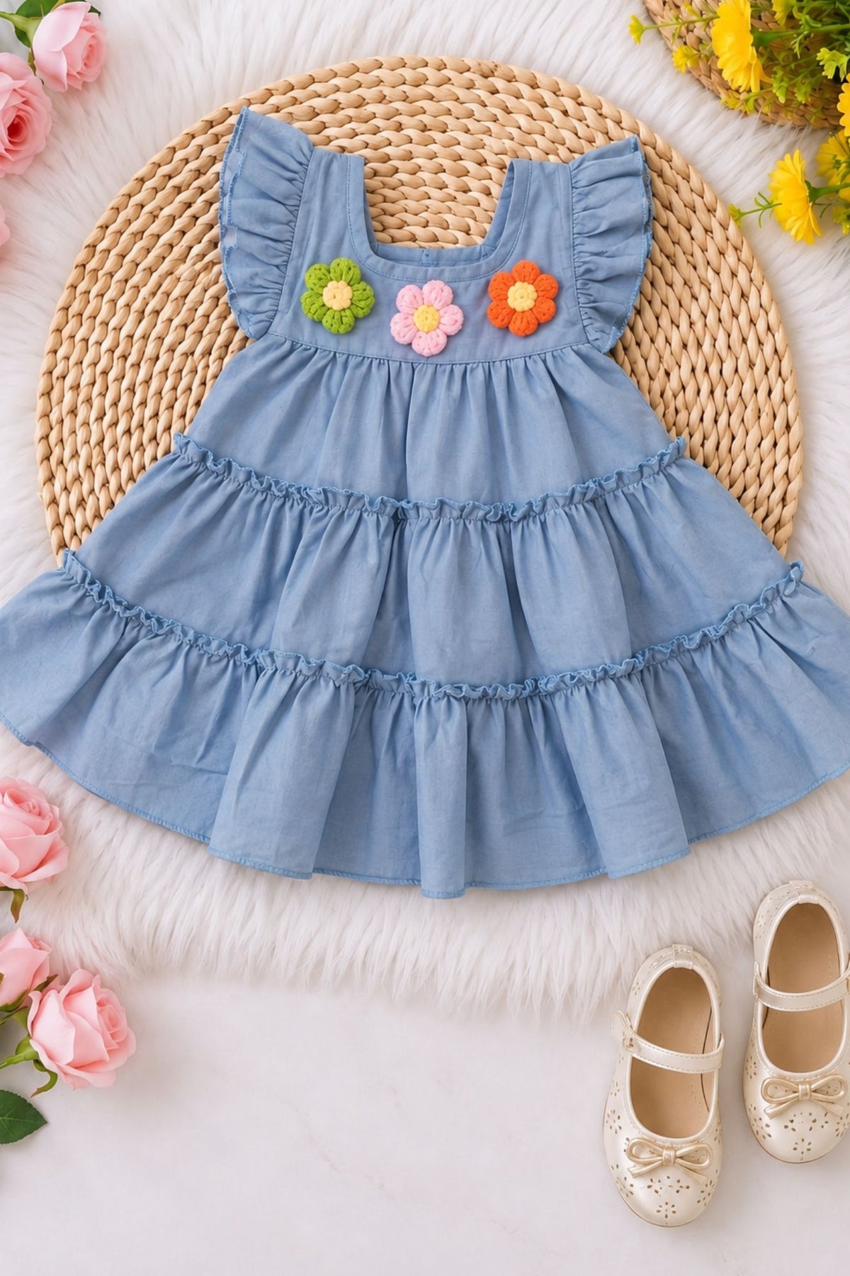 Girls Yoke frock with Ruffeled Sleeves And Emblished Crochet Flowers