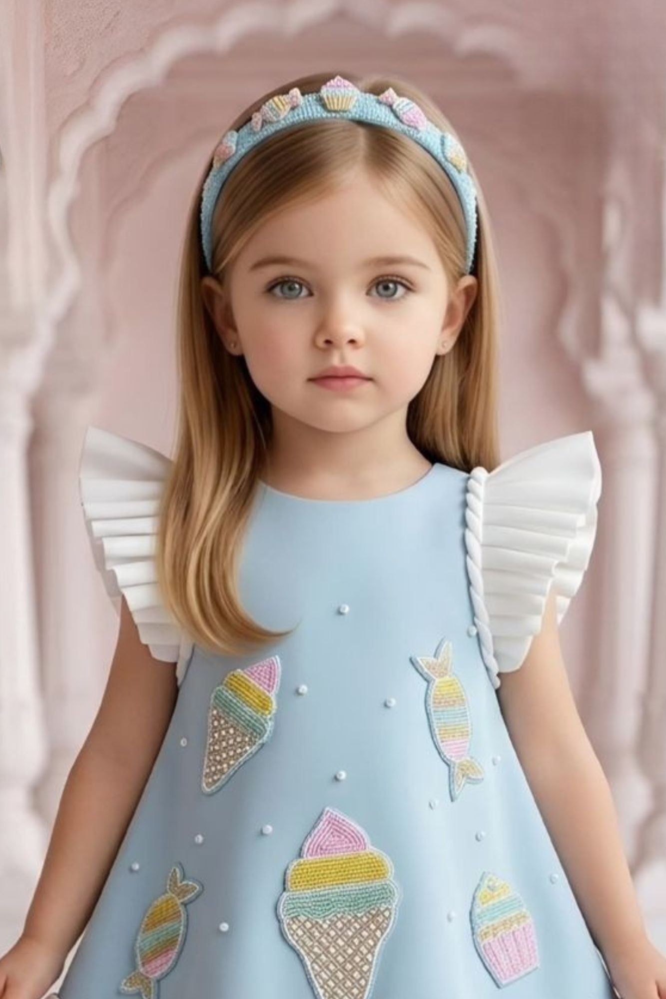 Sky Blue Ice Cream Appliqué Party Wear Frock with Pleated Ruffle Sleev – Lagorii Kids