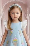 Sky Blue Ice Cream Appliqué Party Wear Frock with Pleated Ruffle Sleeves For Girls