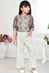 Multicolor Embroidered Top With Cream Bottom Set For Girls