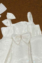 Off White Sleeveless And Bow Embellished Frock For Girls