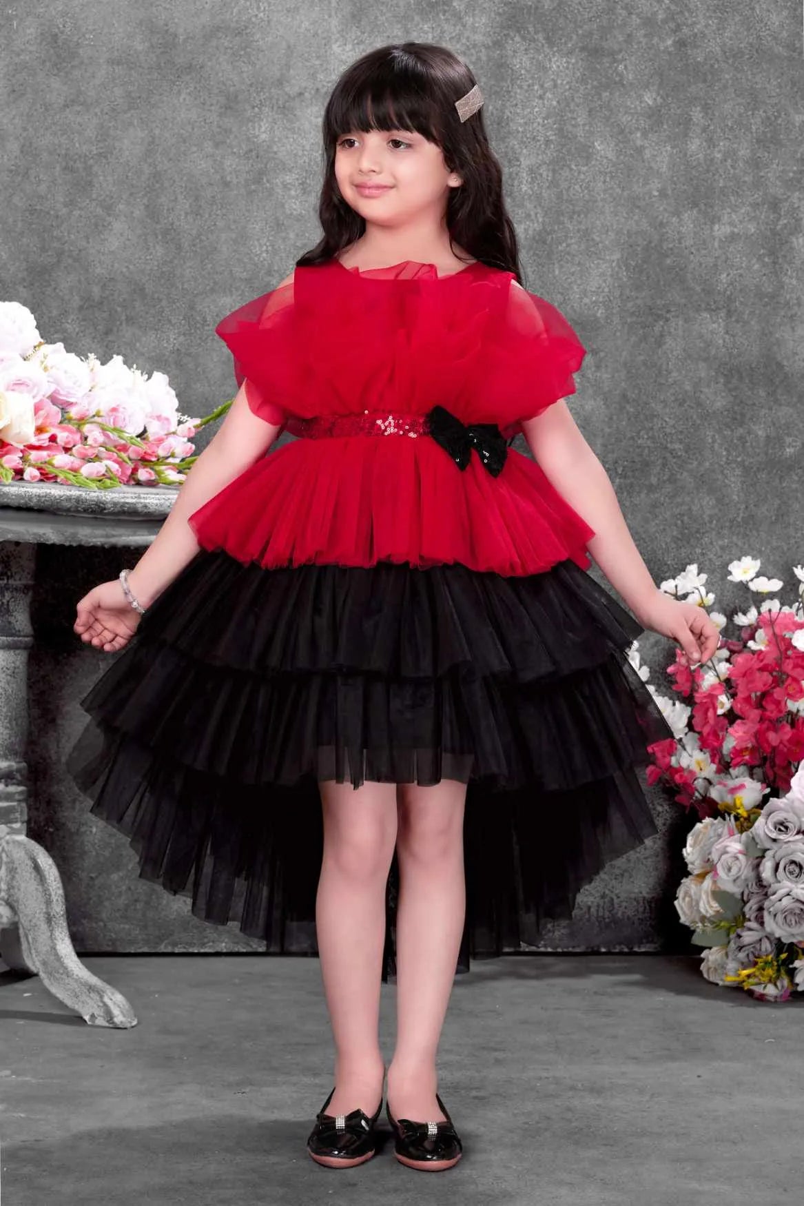 Red And Black Layered Tailback Party Dress For Girls