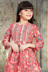 Peach Floral Printed And Embroidered Sharara Set For Girls