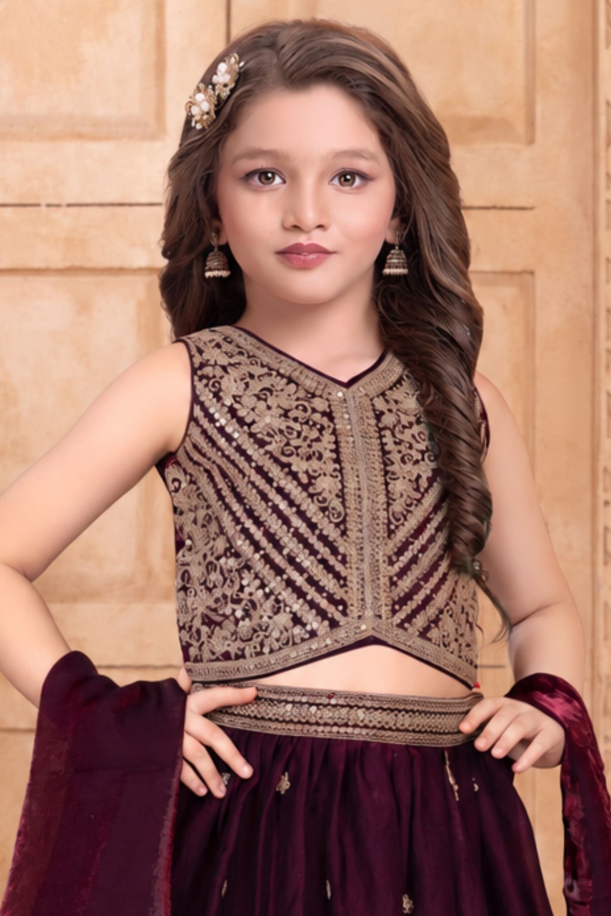 Girls Wine Embroidered Lehenga Choli Set With Dupatta