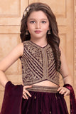 Girls Wine Embroidered Lehenga Choli Set With Dupatta