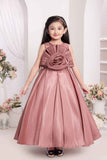 Onion Pink Party Wear Gown with 3D Floral Pleated Bodice for Girls