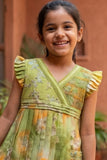 Olive Green Floral Pleated Frock For Girls