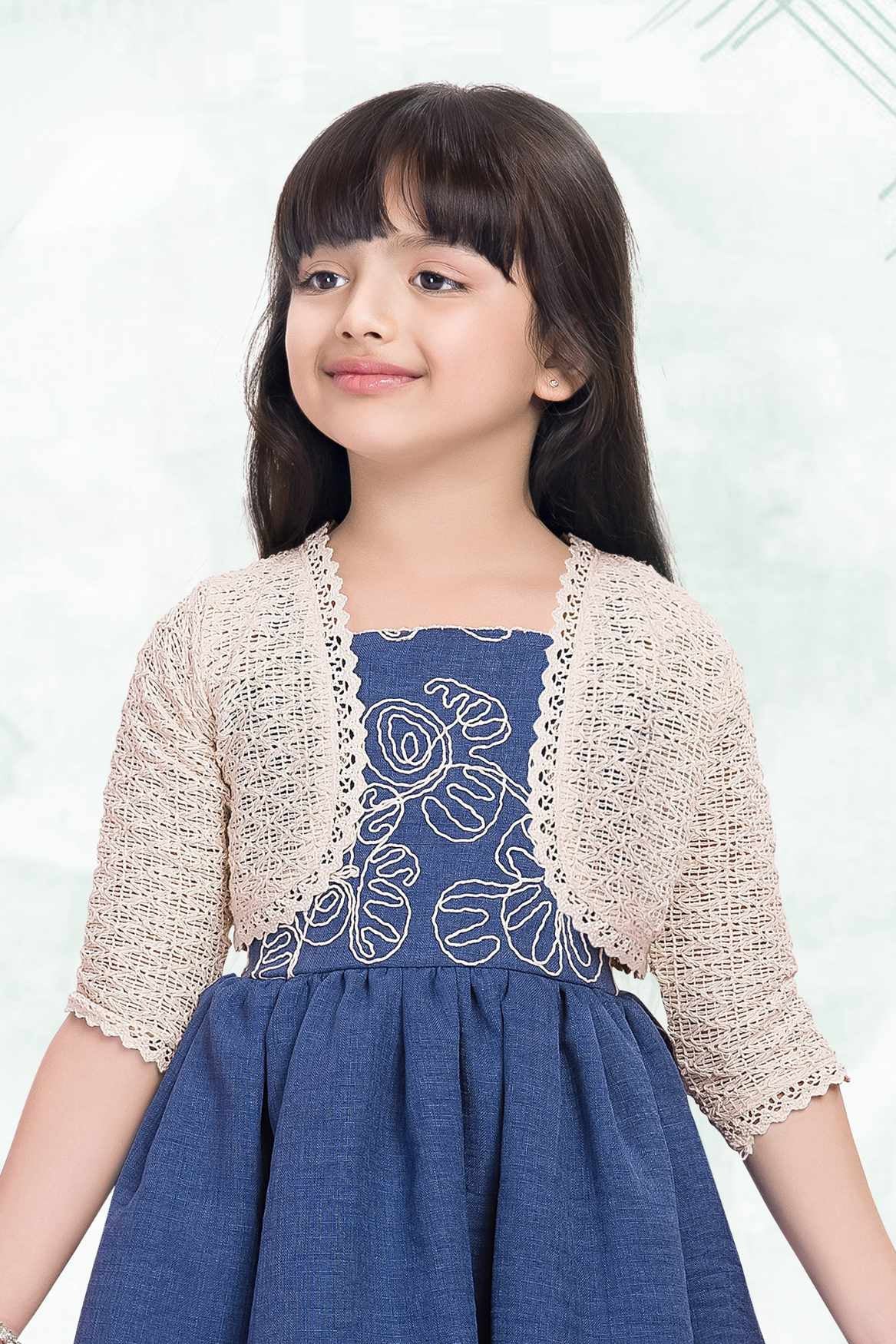 Denim Blue Embroidered Dress With Crochet Shrug For Girls