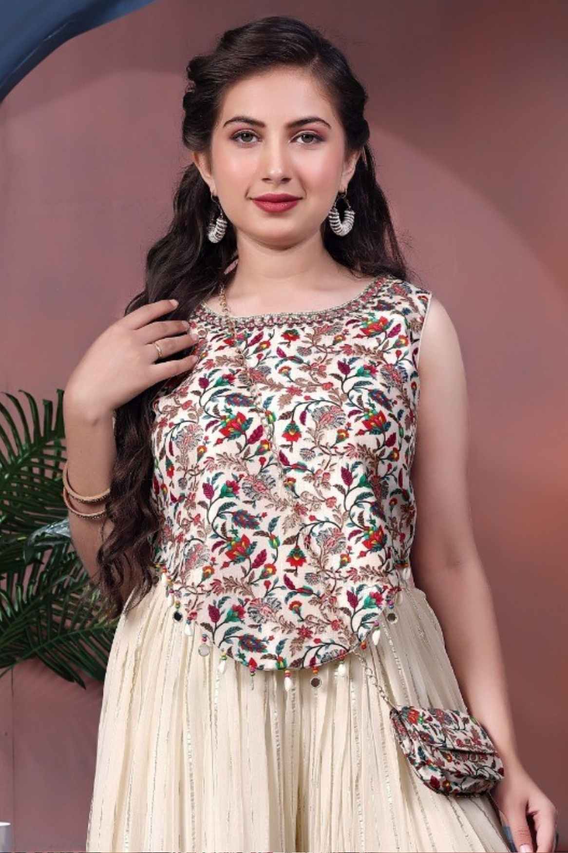 Cream Sequins And Printed Palazzo Set With Sling Bag For Girls