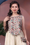 Cream Sequins And Printed Palazzo Set With Sling Bag For Girls