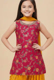 Rani Pink Kurti With Gold Patiala Suit Set For Girls