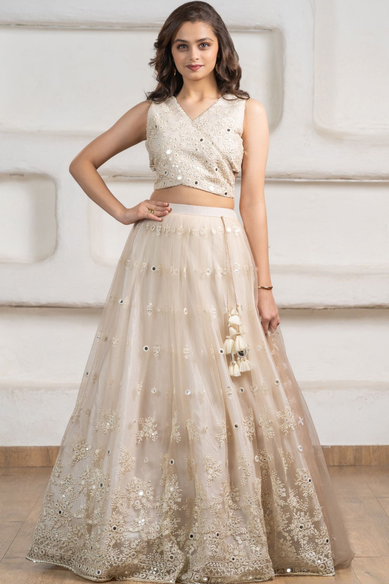 Elegant Cream Embroidered Lehenga Choli Set With Dupatta For Girls