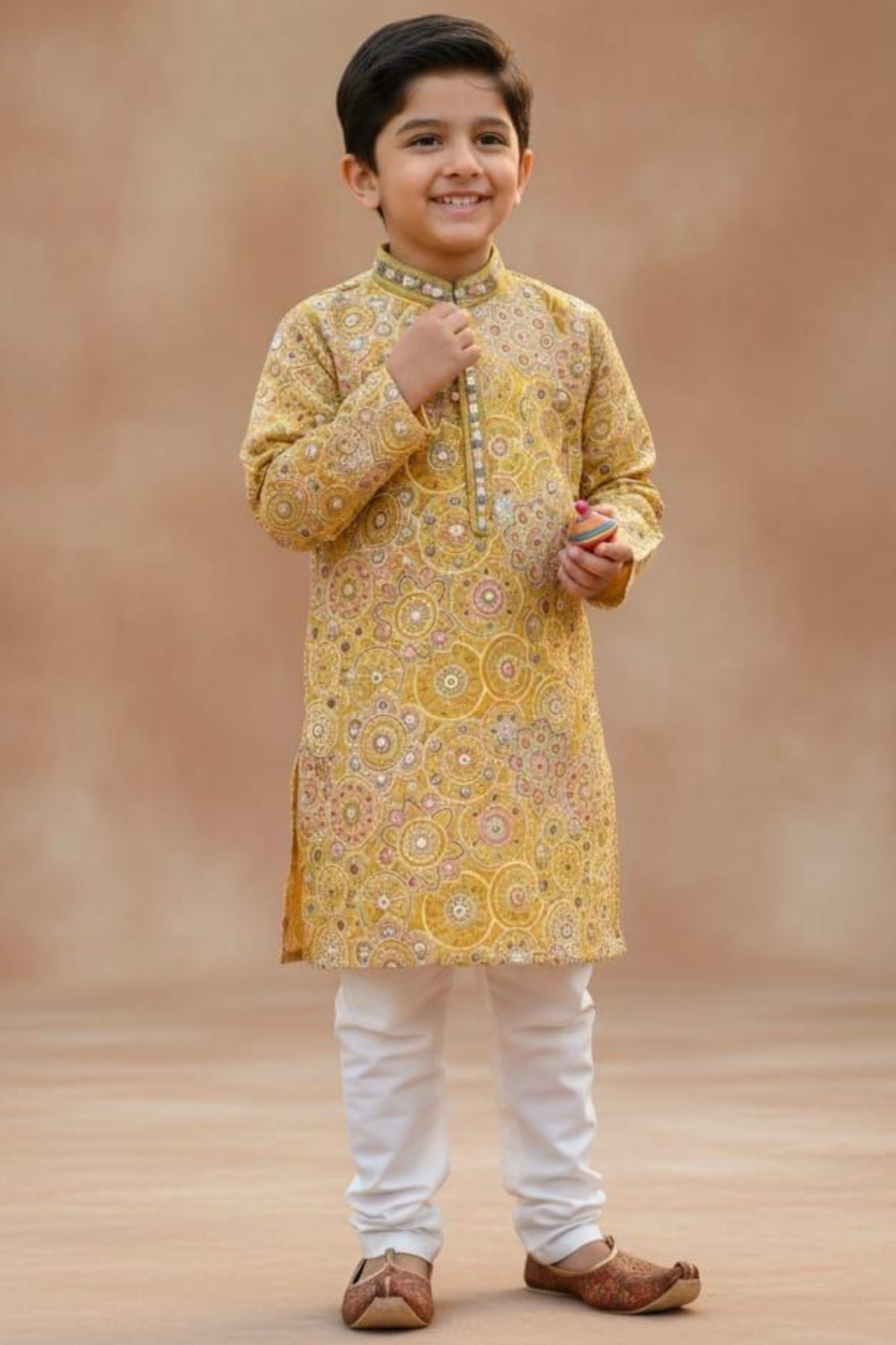Boys Mustard Yellow Printed Kurta Set with White Pajama