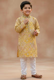 Boys Mustard Yellow Printed Kurta Set with White Pajama