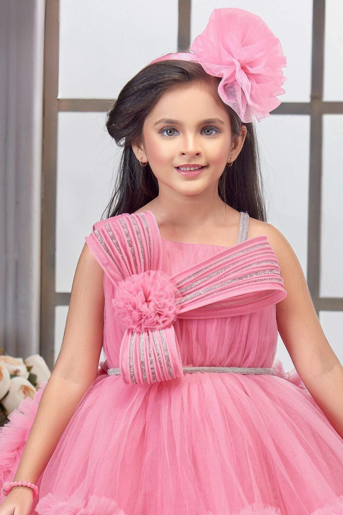 Baby Pink Layered Ruffle Party Frock With Tailback For Girls