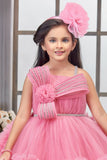 Baby Pink Layered Ruffle Party Frock With Tailback For Girls