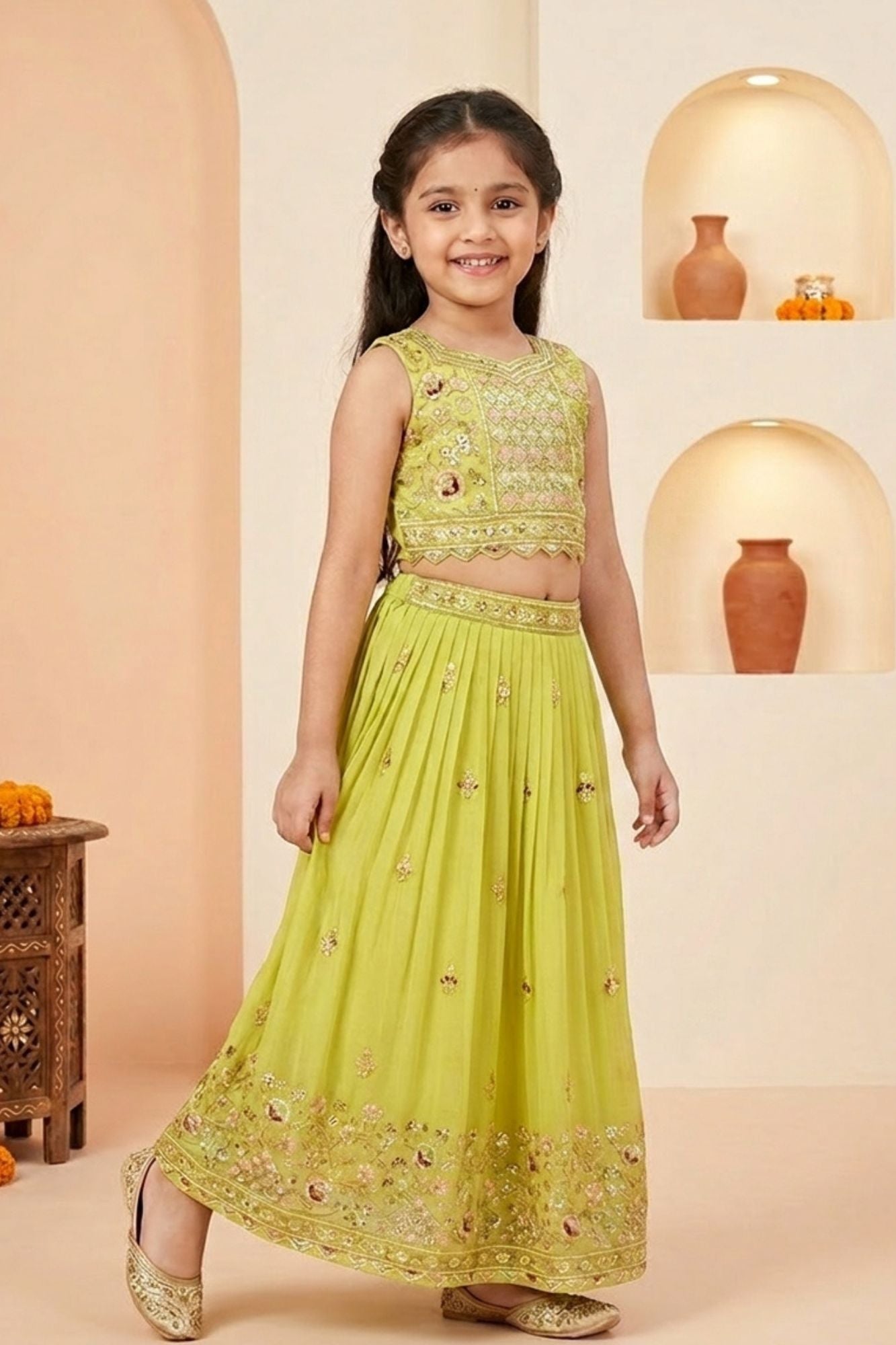 Girls Lime Yellow Embroidered Lehenga Choli Set