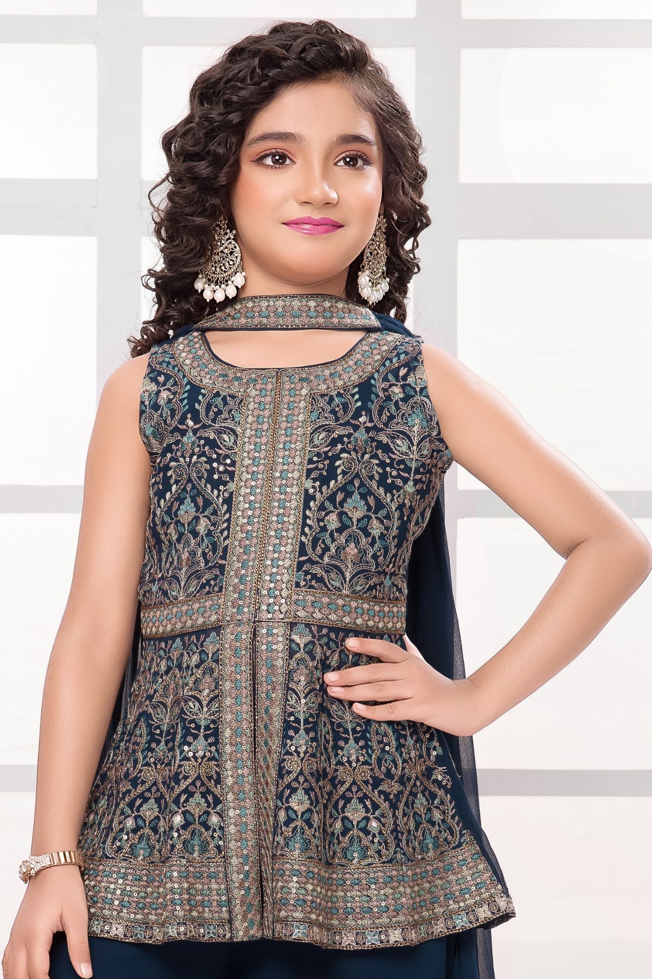 Navy Blue Embroidered Palazzo Set For Girls