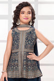 Navy Blue Embroidered Palazzo Set For Girls