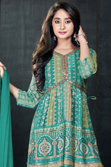 Rama Green Printed And Mirror Work Top With Sharara Set For Girls