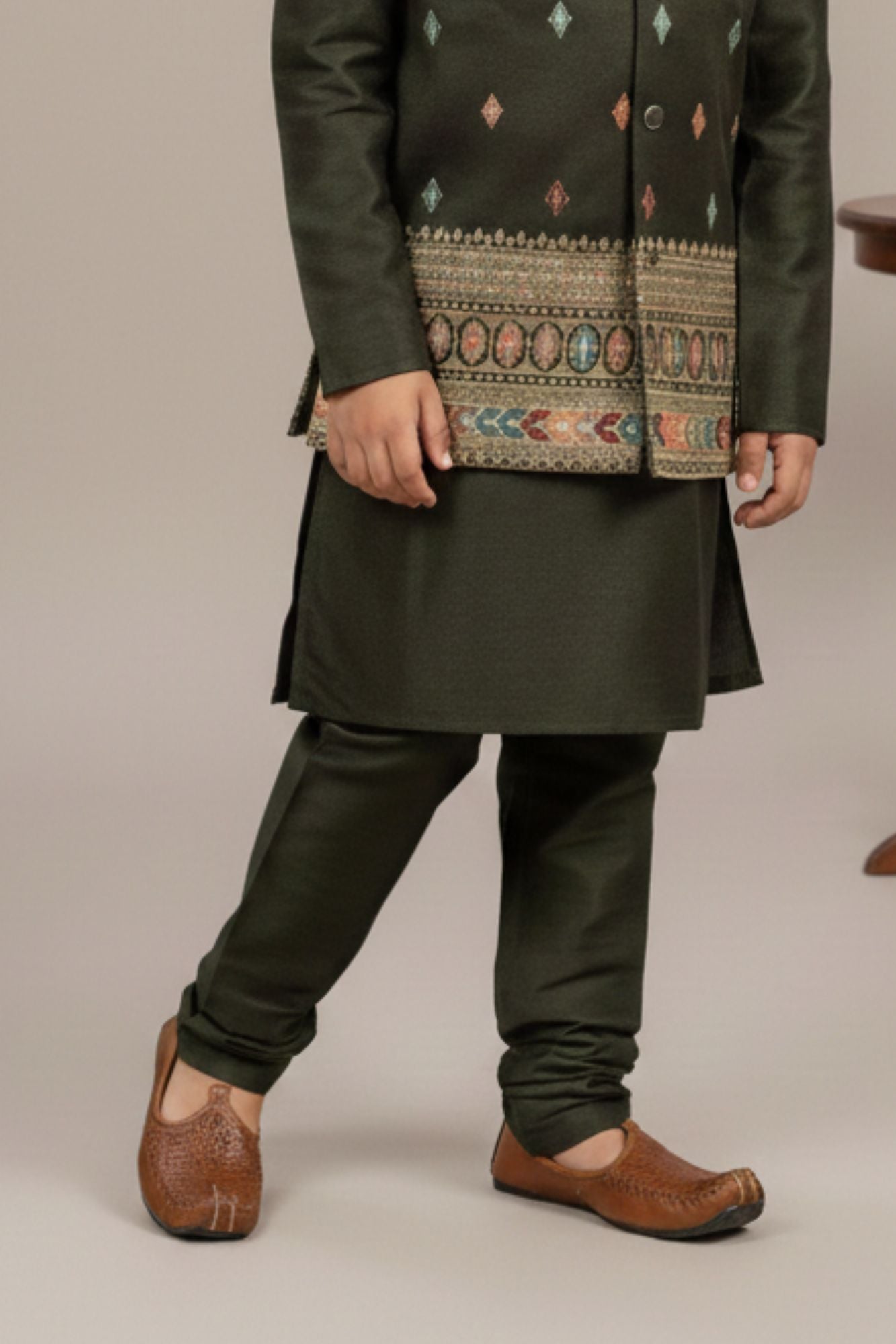 Olive Green Embroidered Kurta Pajama Set with Ethnic Jacket for Boys