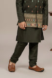 Olive Green Embroidered Kurta Pajama Set with Ethnic Jacket for Boys