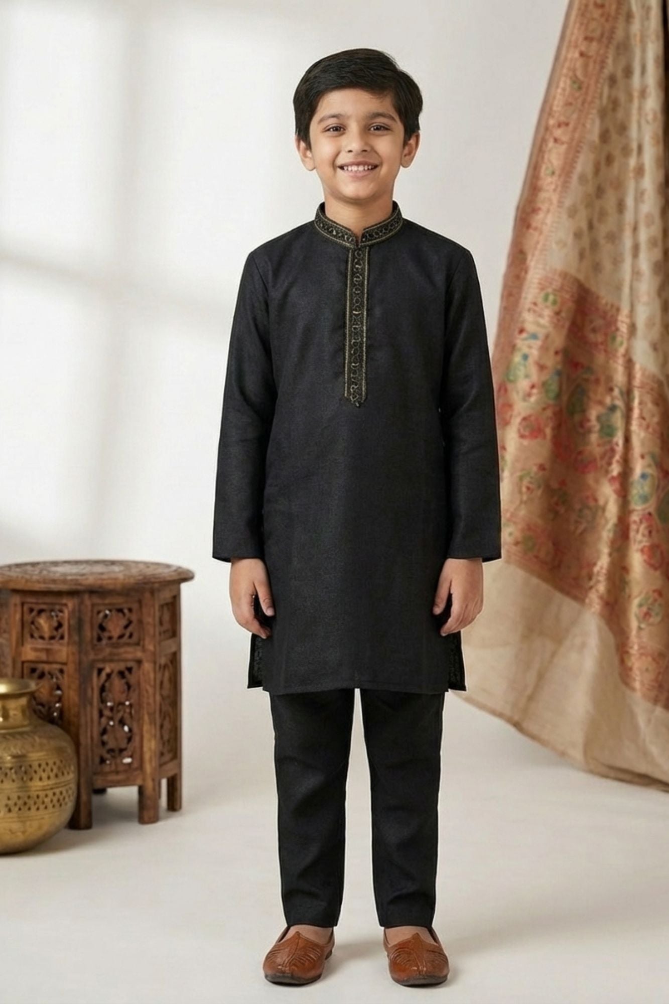 Black Embroidered Linen Kurta Set For Boys