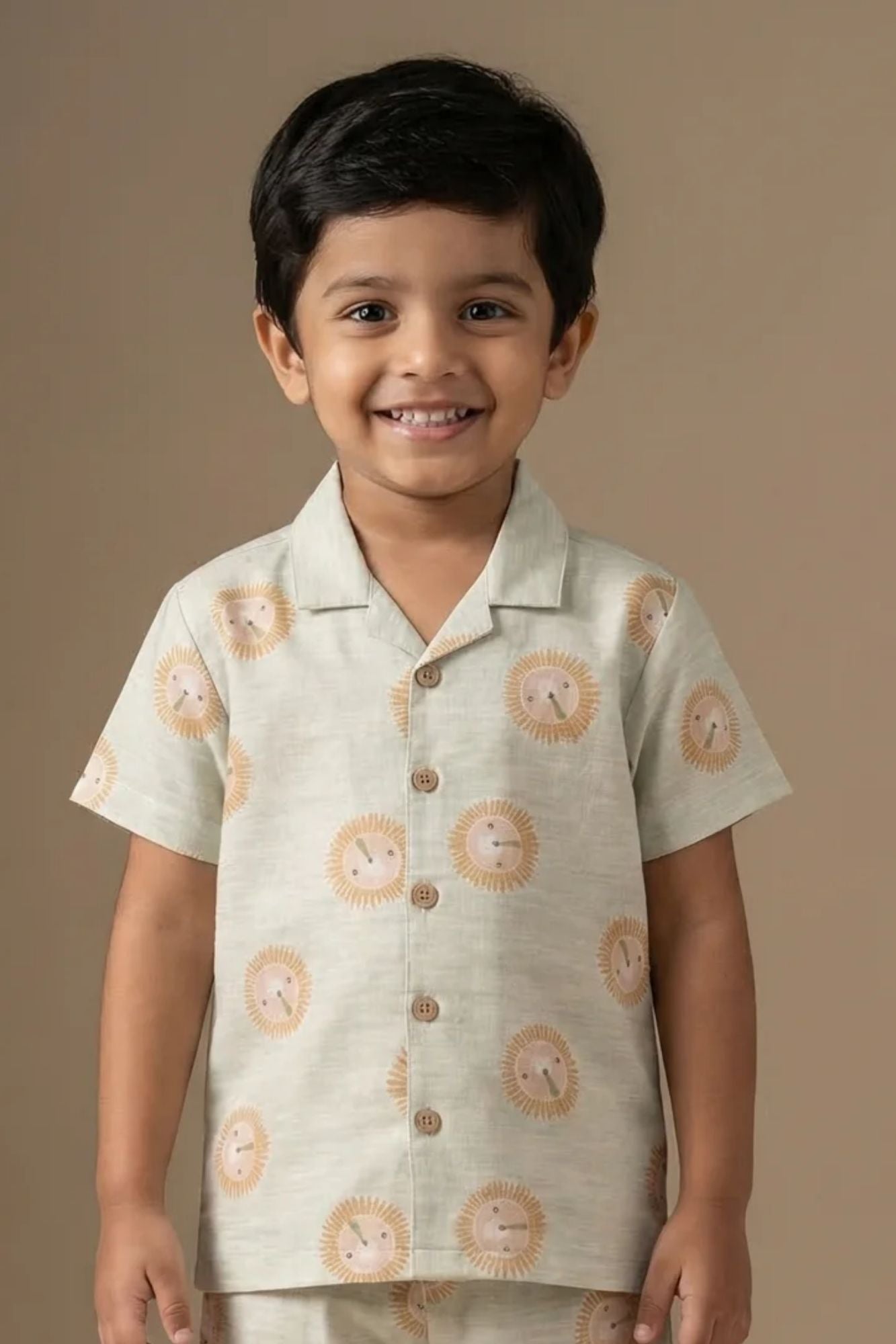 Beige Lion Print Cotton Night Suit Set For Boys