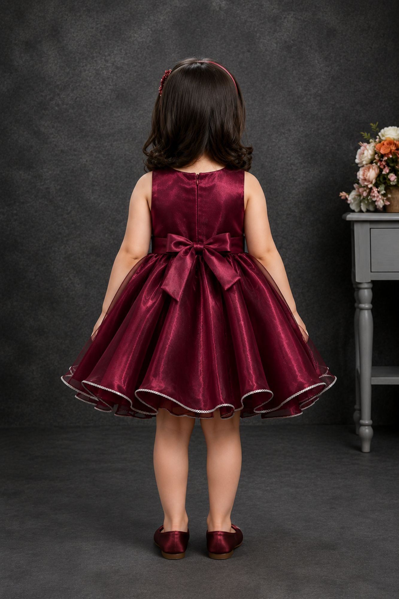 Wine Party Wear Frock With Beige 3D Floral Applique