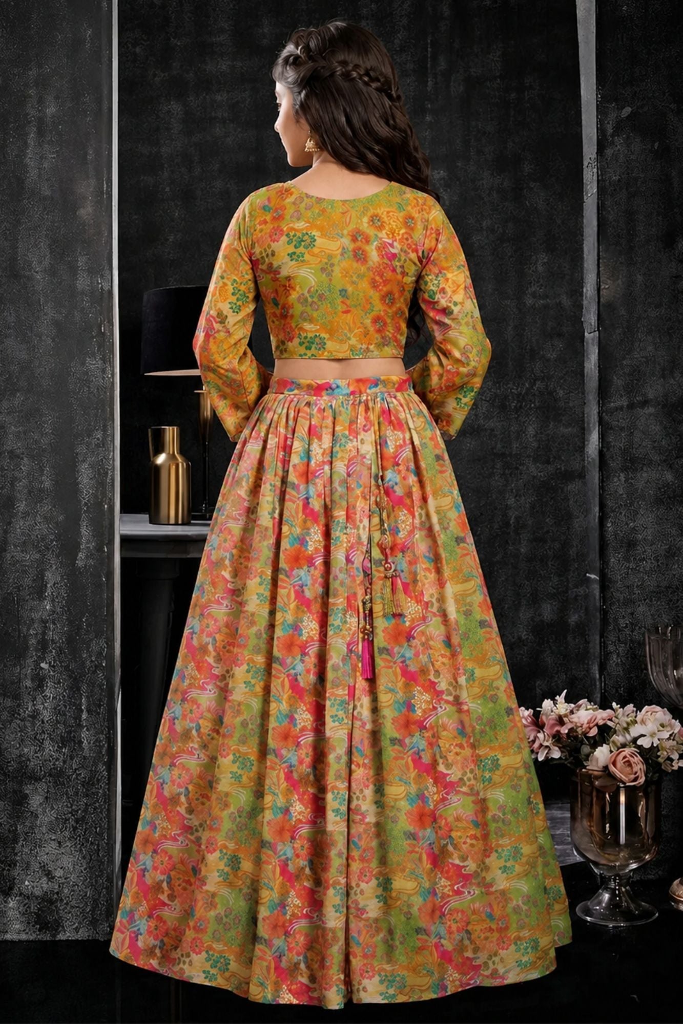 Green Floral Printed Lehenga Choli Set with Dupatta