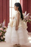Girls Cream Layered Party Wear Gown with Floral Embroidery And Statement Bow