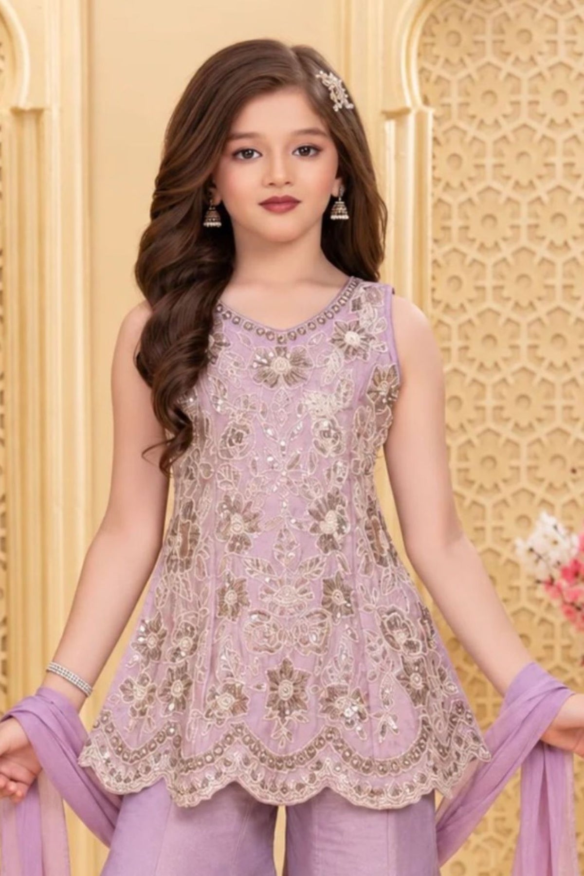 Girls Elegant Lavender Floral Embroidered Palazzo Set
