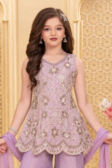 Girls Elegant Lavender Floral Embroidered Palazzo Set