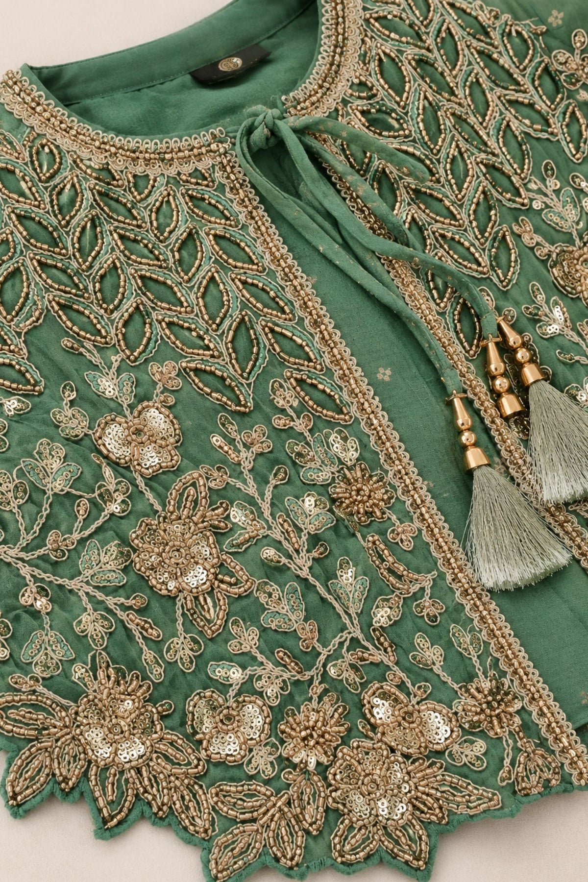 Girls Sage Green Floral Embroidered Palazzo Set With Jacket And Dupatta