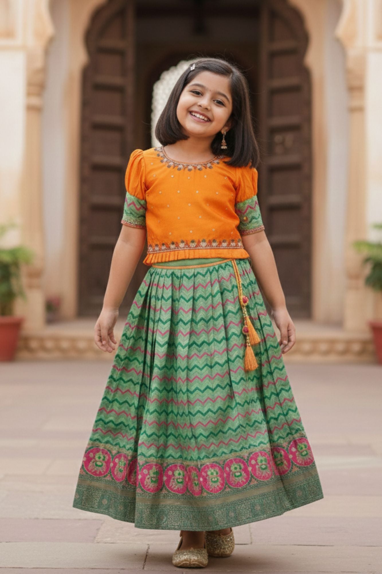 Yellow And Green Printed Silk Pattu Pavadai For Girls