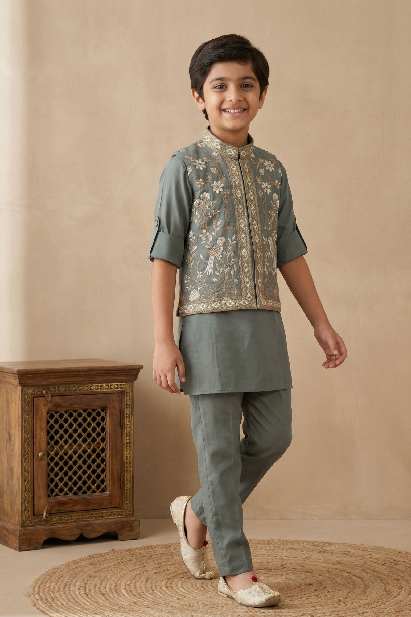 Pastel Green Embroidered Kurta Set with Nehru Jacket For Boys
