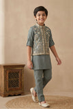 Pastel Green Embroidered Kurta Set with Nehru Jacket For Boys
