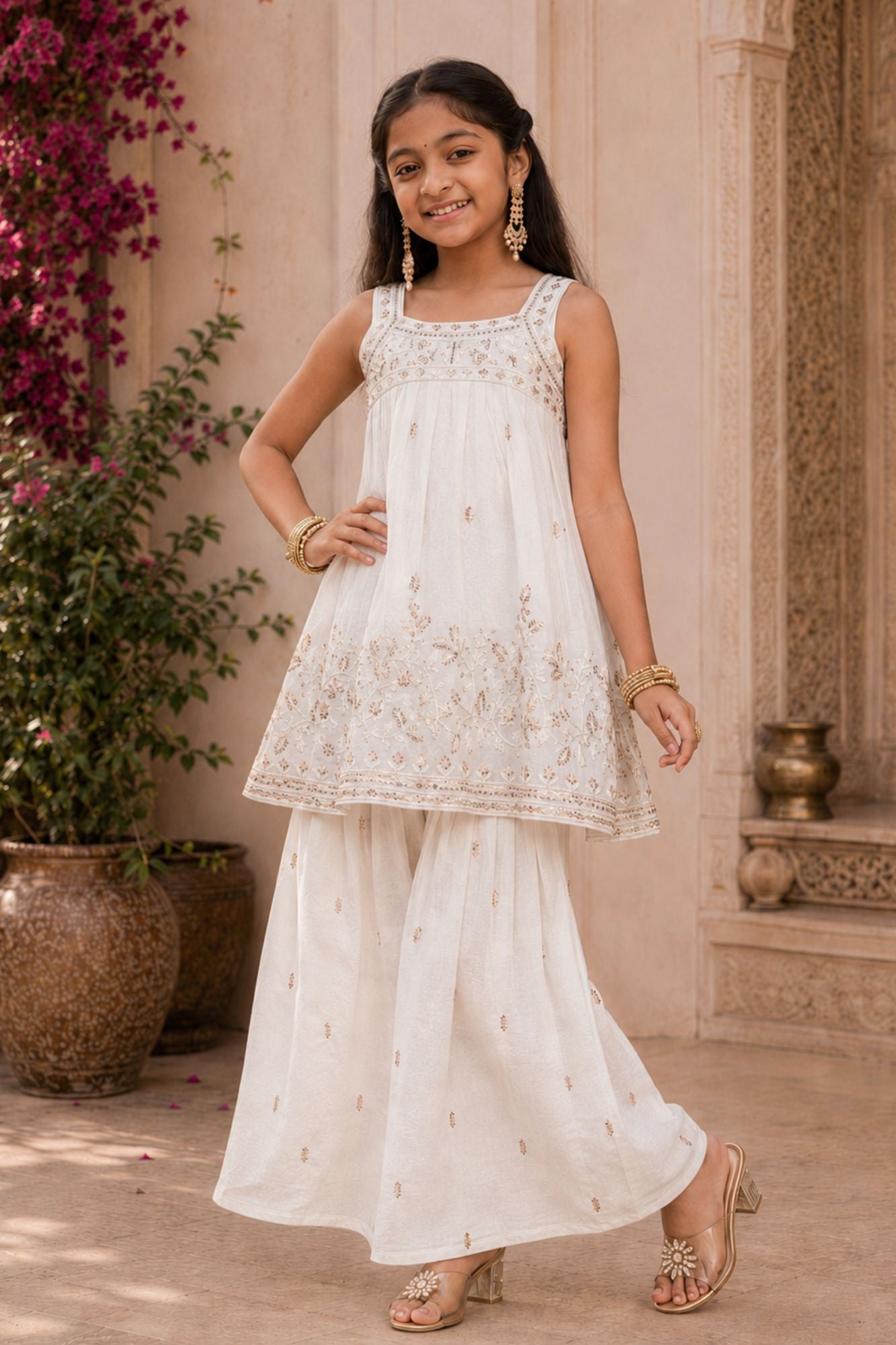 White Palazzo Set With Gold Sequin Embroidery for Girls