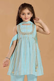 Sea Green Kurta Set with Golden Stripes And Tassel Dupatta For Girls
