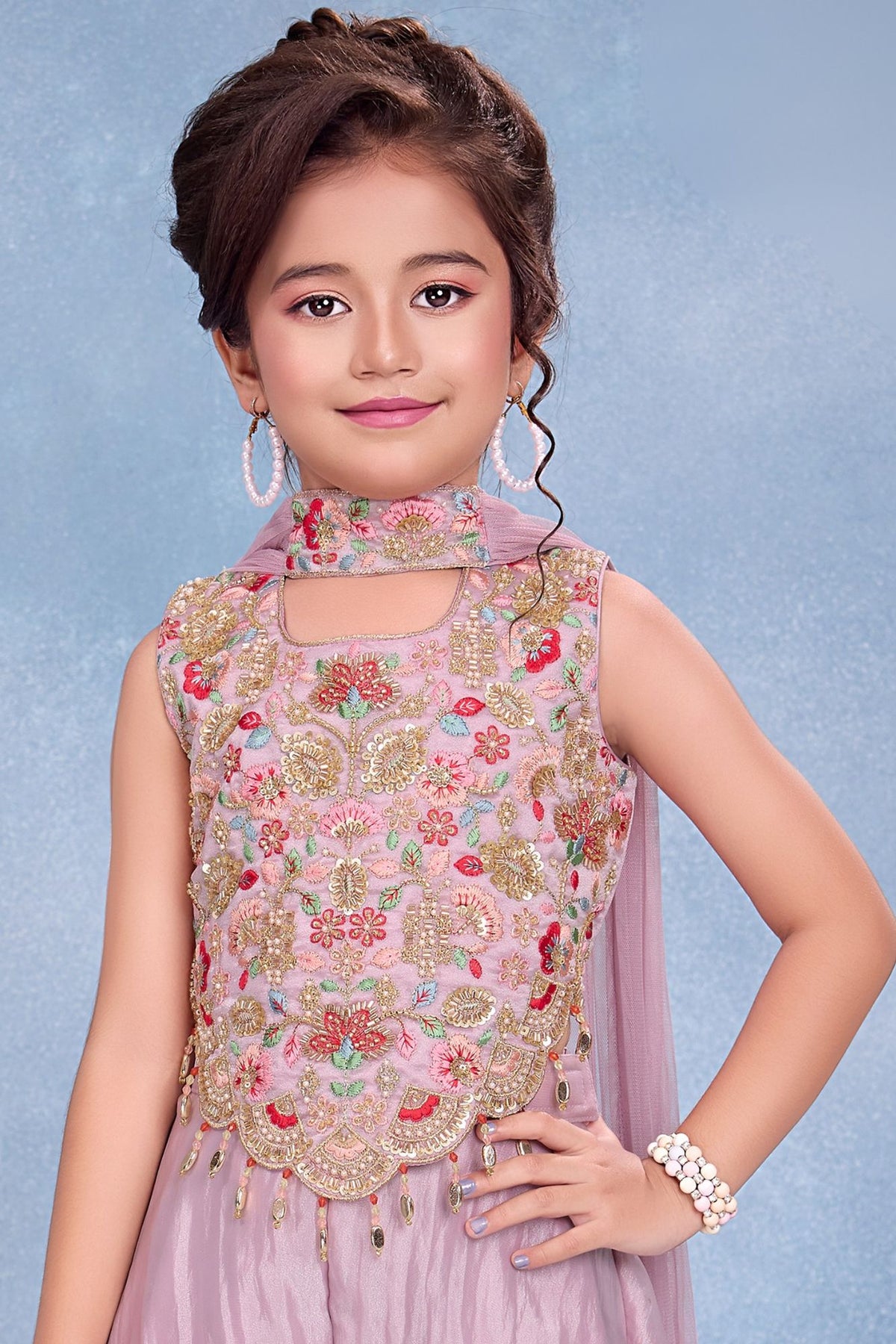 Girls Onion Pink Embroidered Palazzo Set With Dupatta